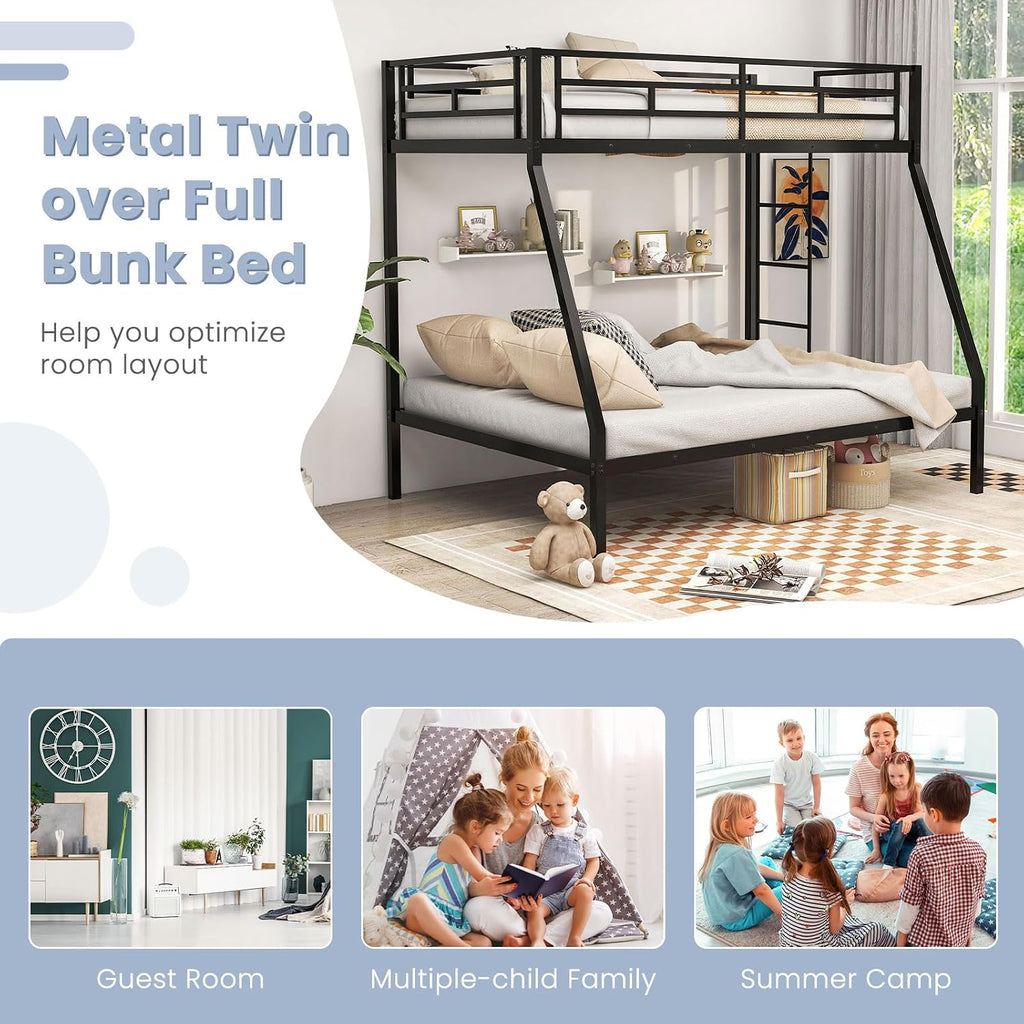 DORTALA Twin Over Full Bunk Bed, Metal Bunk Bed Frame w/Ladder, Safety Rail & Steel Slats, Space-Saving Bunk Beds for Kids Teens Adults, Noise Free for Dorm Bedroom, No Box Spring Needed, Black