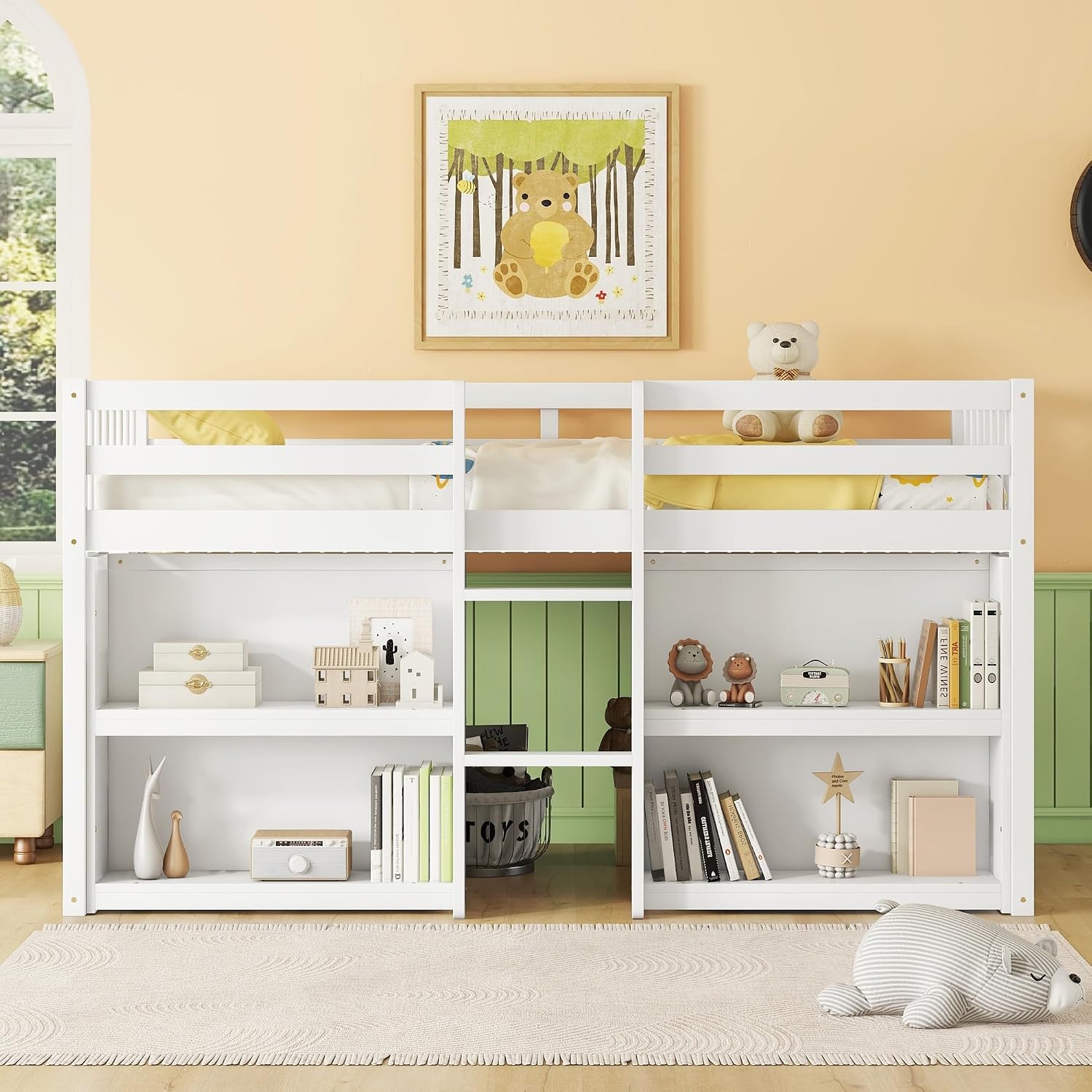 Twin Size Low Loft Bed with Two-Tier Shelves, Multifunction Wood Loft Bed Frame with Built-in Stairs, Storage Underneath, Sturdy Slats Support, Space Saving Loft Bed for Kids Boys Girls (White * 01)