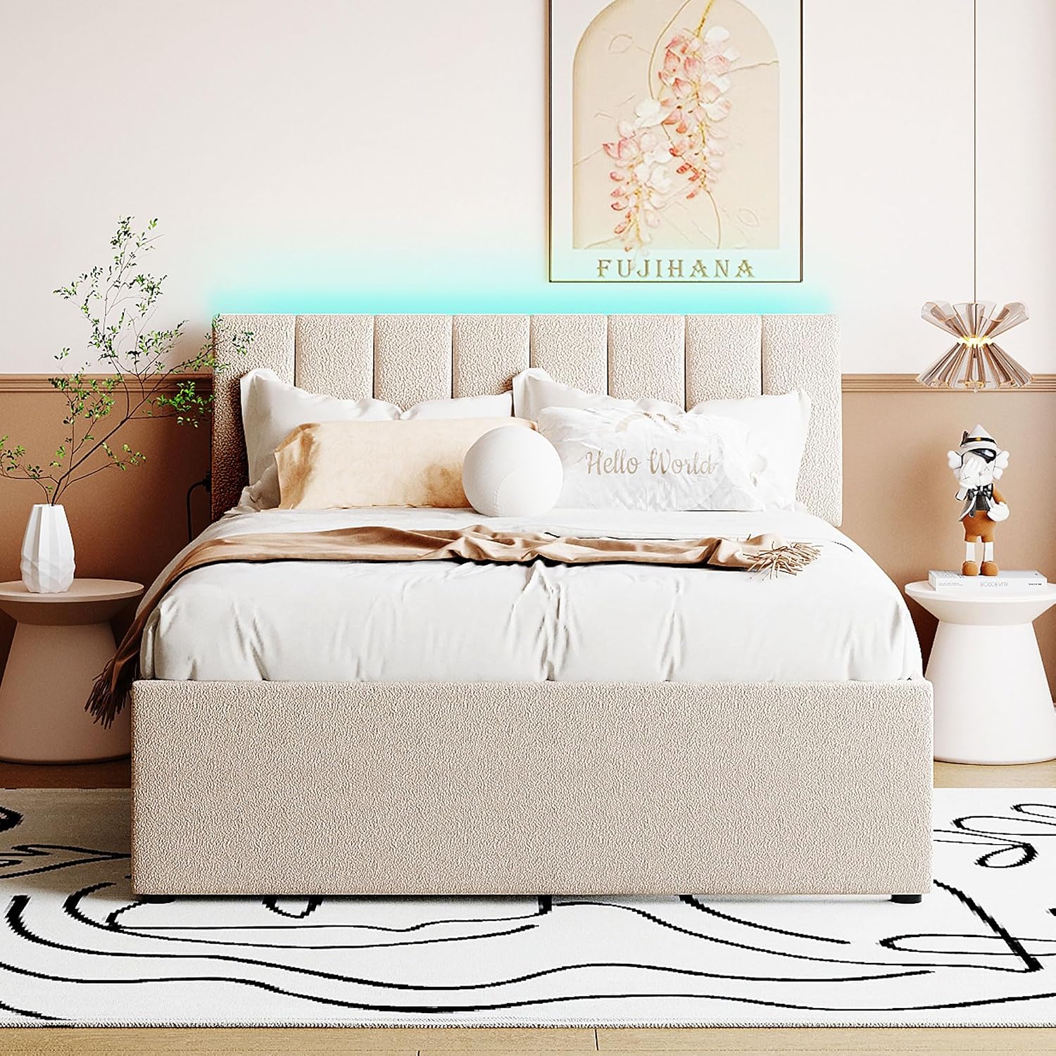 Teddy Fleece Full Size Upholstered Platform Bed Frame for Boys Girls Kids Adults Toddler with Trundle, Beige