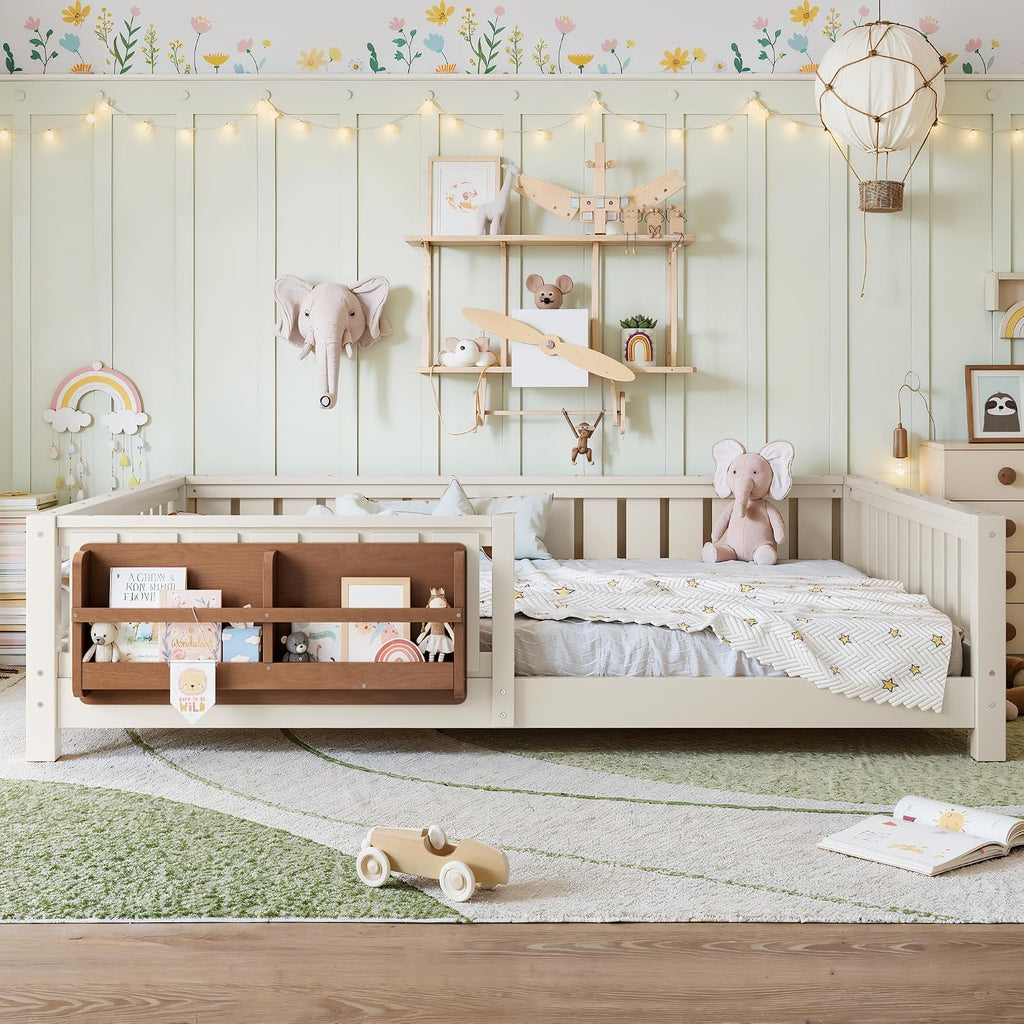 Bellemave Beige Light Natural Montessori Floor Bed with Fence and Slats, Queen Size Montessori Floor Bed with Bookcase and High Rails, Easy Assemble Bed Frame for Girls, Boys, Queen