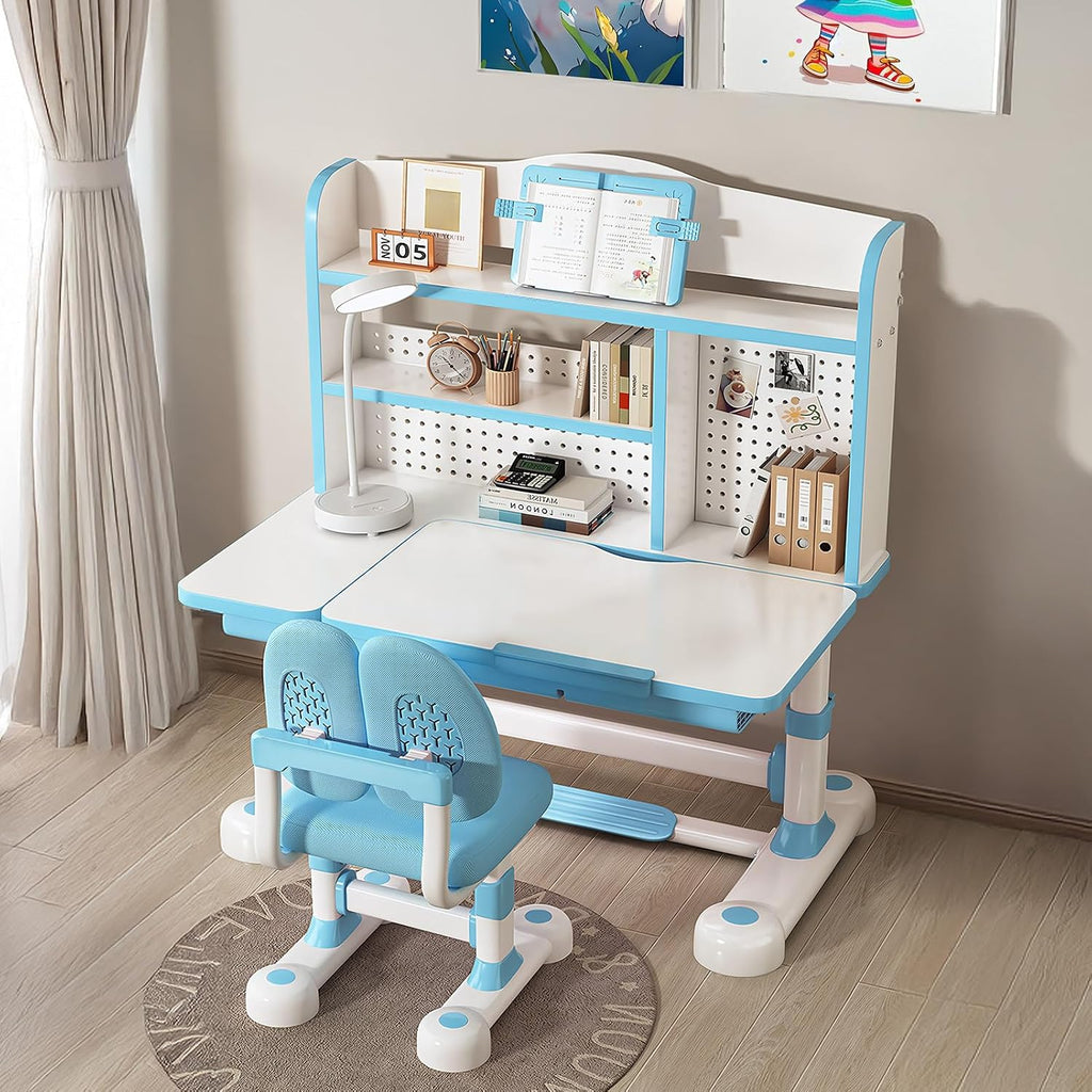 Kids Functional Desk and Chair Set – Ergonomic Height Adjustable Study Desk with One-Touch Tilting Desktop, Book Stand, Reading Rack & Storage Drawer for Children Boys & Girls (Blue)