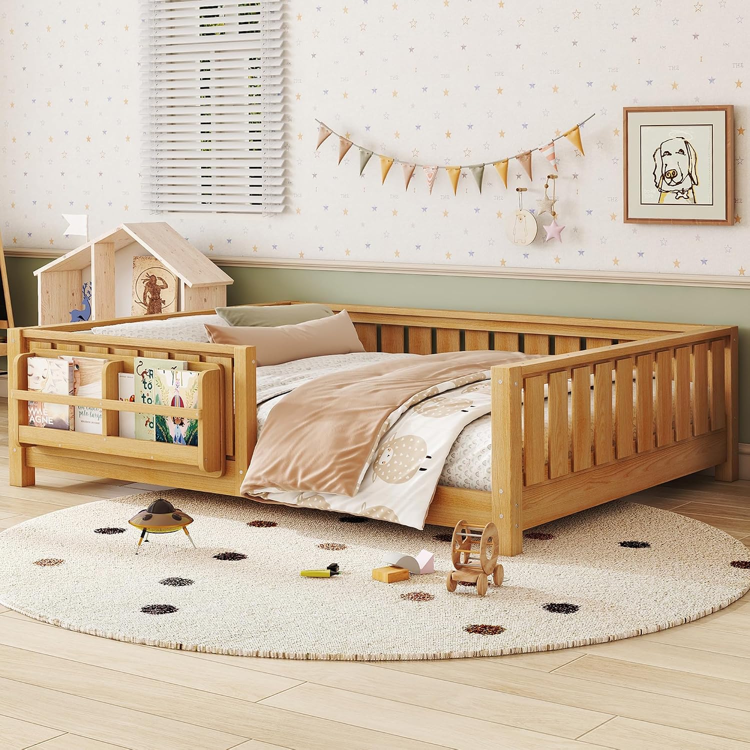 Bellemave Full Size Montessori Floor Bed with Slats and Fence, Full Size Montessori Bed with Rails and Bookcase, Easy Assemble Floor Beds Frame,Deep Natural