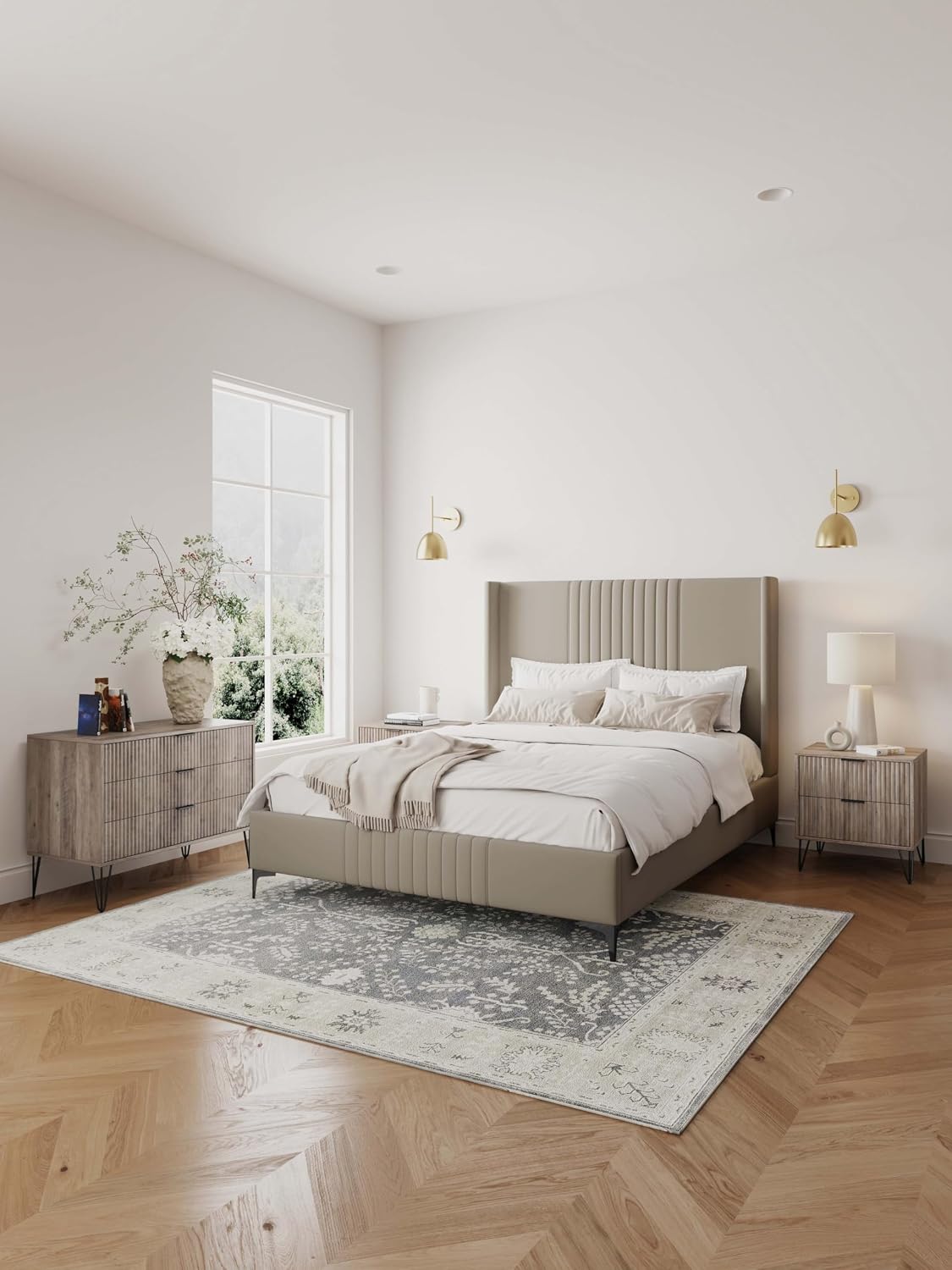 Manhattan Comfort Dumbo 2 Piece Dresser & Nightstand Set, Fluted Night Stand with Hairpin Gold Metal Legs & 3-Drawer Dresser, No Tool Assembly, Storage Cabinet for Bedroom, Living Room in Rustic Grey