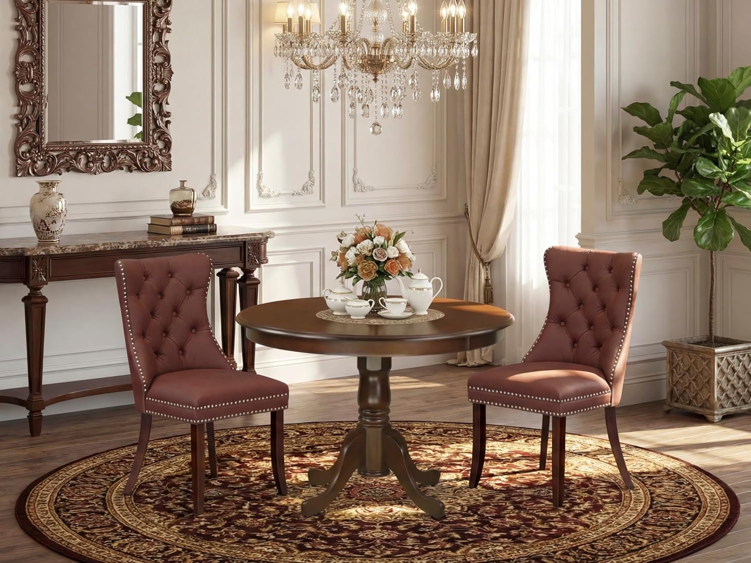 East West Furniture HLDA3-MAH-26 3 Piece Dinette Set Includes a Round Dining Table with Pedestal and 2 Polyester Fabric Upholstered Parson Chairs, 42x42 Inch, Mahogany