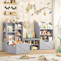 FINETONES 75' W Kids Bookshelf with Reading Nook, Large Toy Storage Toy Organizer with Seat Cushion and 2 Movable Drawers, Kids Reading Nook Kid Bench for Playroom Living Room, Grey