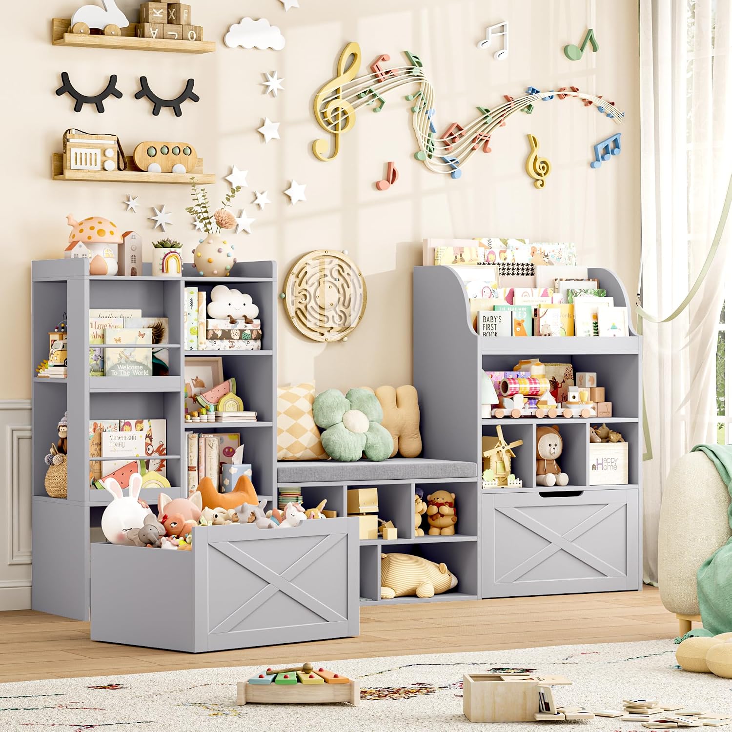 FINETONES 75' W Kids Bookshelf with Reading Nook, Large Toy Storage Toy Organizer with Seat Cushion and 2 Movable Drawers, Kids Reading Nook Kid Bench for Playroom Living Room, Grey