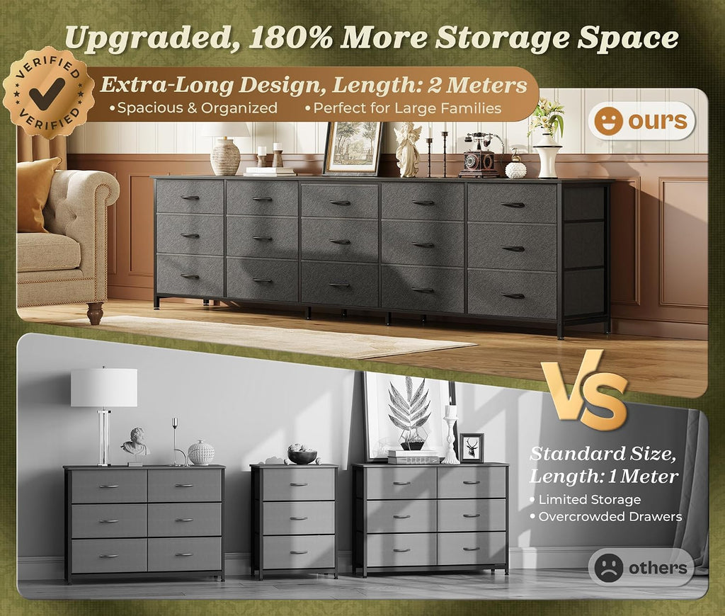 Huuger 78.7 inch Long Dresser for Bedroom, 15 Drawer Fabric Dresser for Closet, Large TV Stand for 65, 75, 85 inch TV, Wide Chest of Drawer with Storage, 78.7' W x 12.9' D x 26.7' H, Black