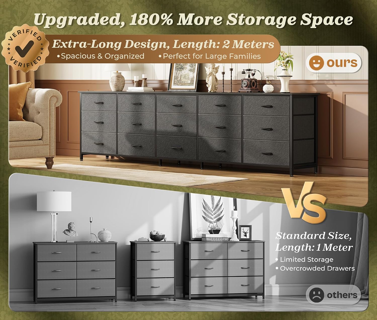 Huuger 78.7 inch Long Dresser for Bedroom, 15 Drawer Fabric Dresser for Closet, Large TV Stand for 65, 75, 85 inch TV, Wide Chest of Drawer with Storage, 78.7' W x 12.9' D x 26.7' H, Black