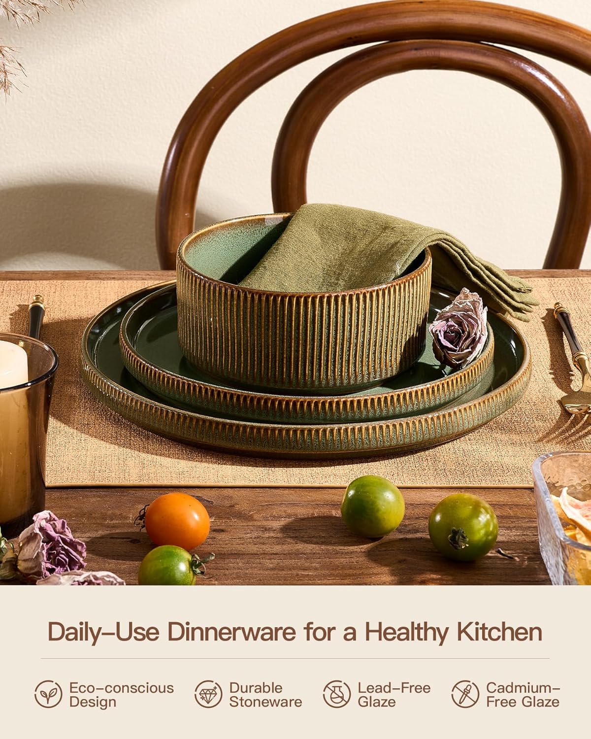 Stoneware Plates and Bowls Dishes Sets Service for 6 (18-Piece), Famiware Premium Handcrafted Reactive Glaze Dinnerware Set with Raised Rim, Scratch Resistant, Microwave Dishwasher Safe, Moss