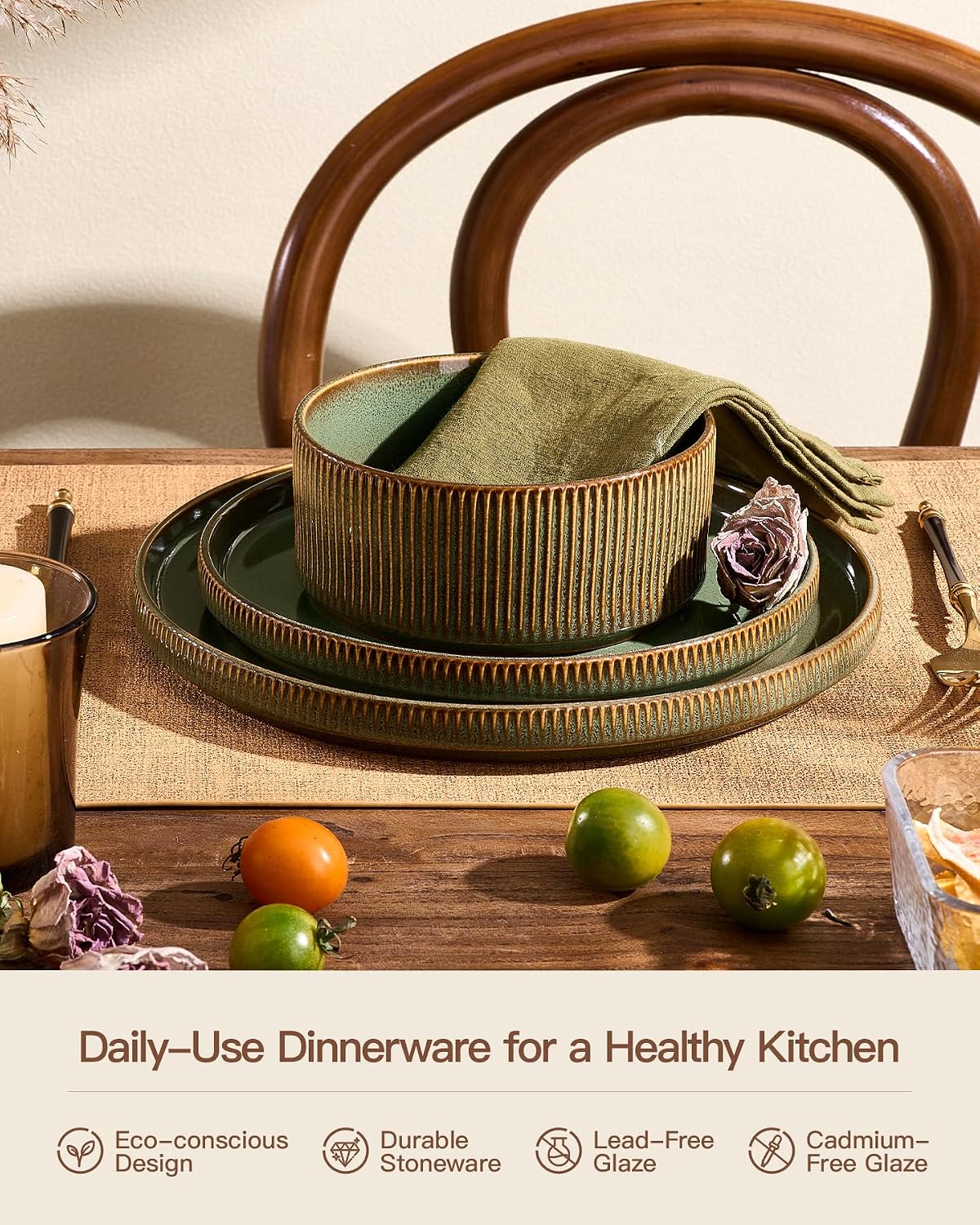 24-Piece Dinnerware Set Service for 8, Famiware Premium Stoneware Dish Set with Ribbed Plates and Deep Bowls, Double Reactive Glaze, Chip & Scratch Resistant, Microwave & Dishwasher Safe, Moss