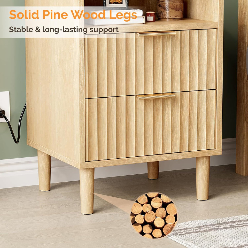 VINGLI Fluted Nightstands Set of 2 with Charging Station, Wood Nightstand 2 Drawer, Mid Century Modern Nightstands for Bedroom, Fluted Bed Side Table, Oak Night Stands Set 2
