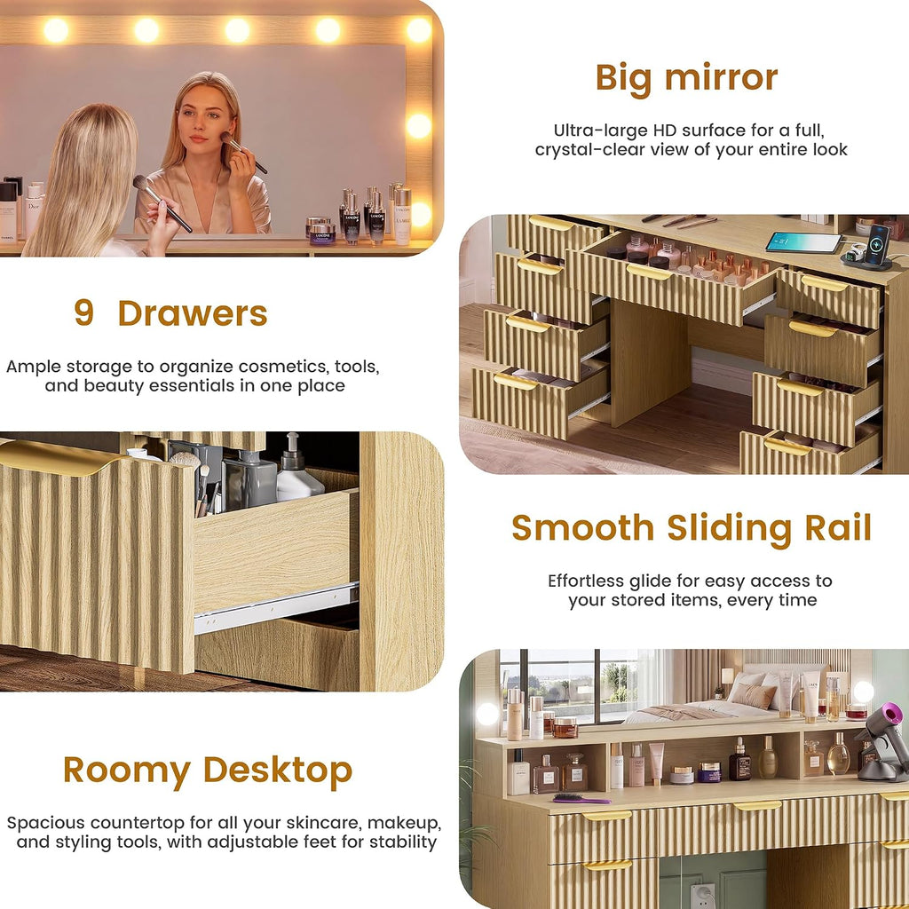 Fluted Vanity Desk with Large Mirror and Adjustable LED Lights, Makeup Vanity Table with Power Outlet, 9 Drawers & Storage Shelf, Bedroom Dressing Table Vanity Set for Girls, Women, Natural Oak
