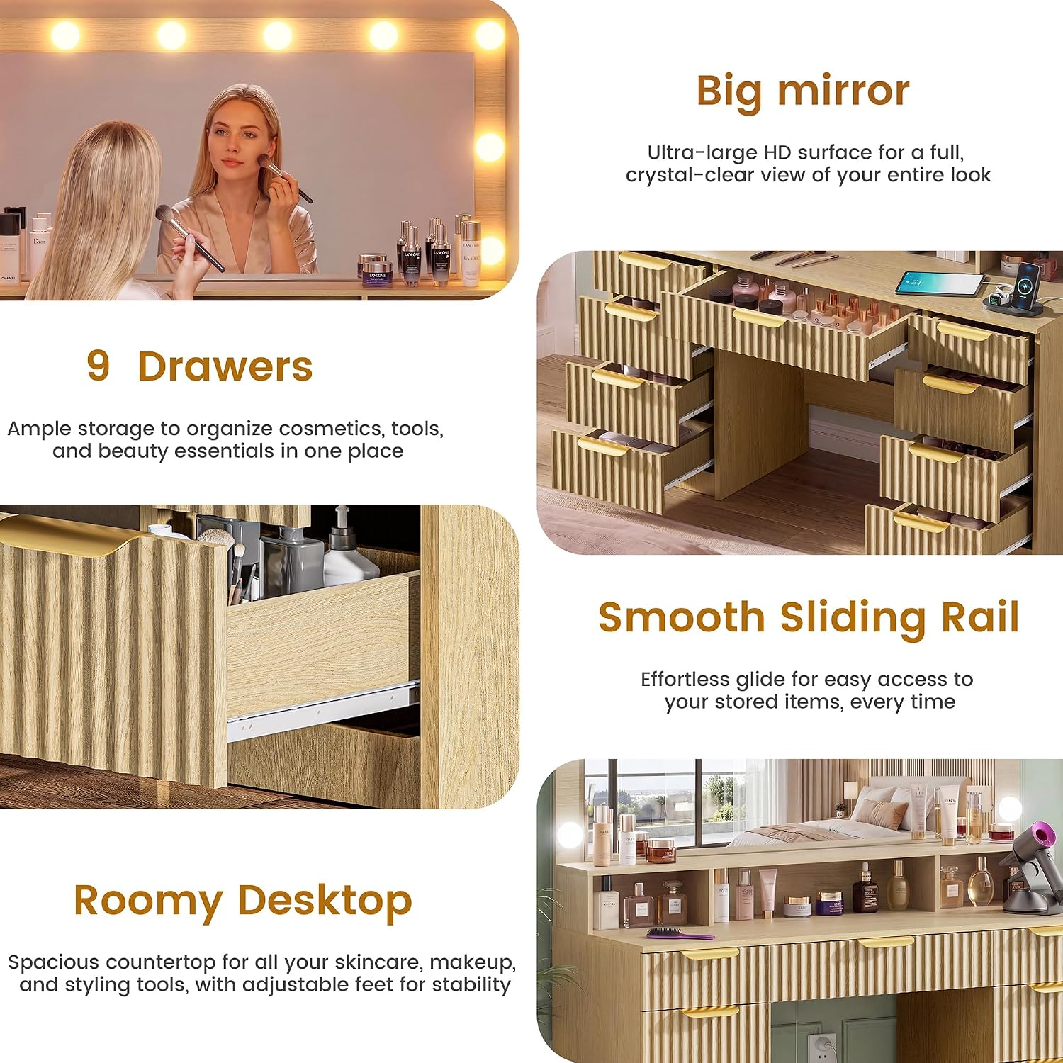 Fluted Vanity Desk with Large Mirror and Adjustable LED Lights, Makeup Vanity Table with Power Outlet, 9 Drawers & Storage Shelf, Bedroom Dressing Table Vanity Set for Girls, Women, Natural Oak
