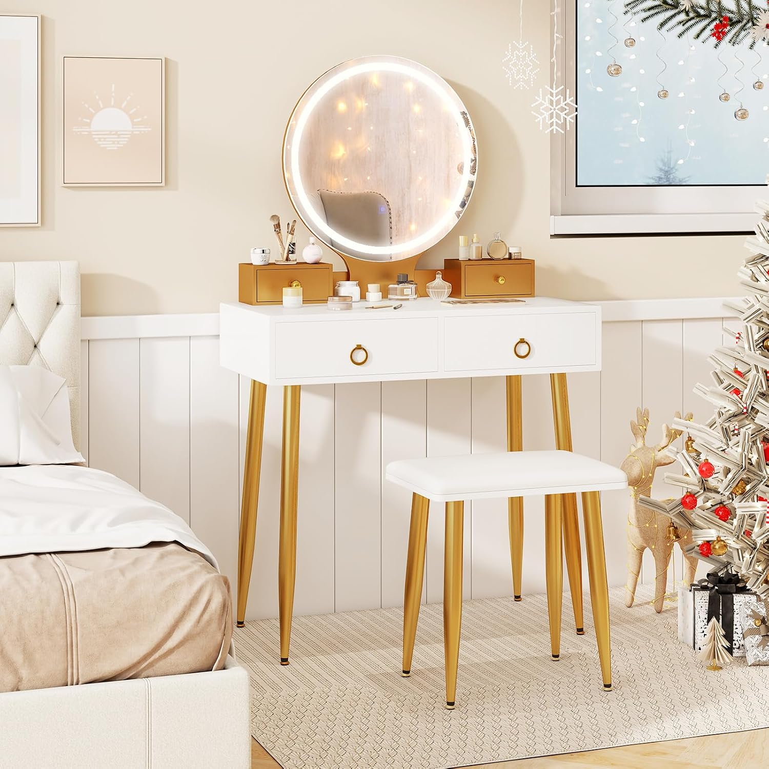 CHARMAID Vanity Desk with Mirror and Lights, Makeup Vanity with 4 Storage Drawers, 3 Lighting Modes, Adjustable Brightness, Modern Vanity Dressing Table with Stool for Bedroom, White & Gold
