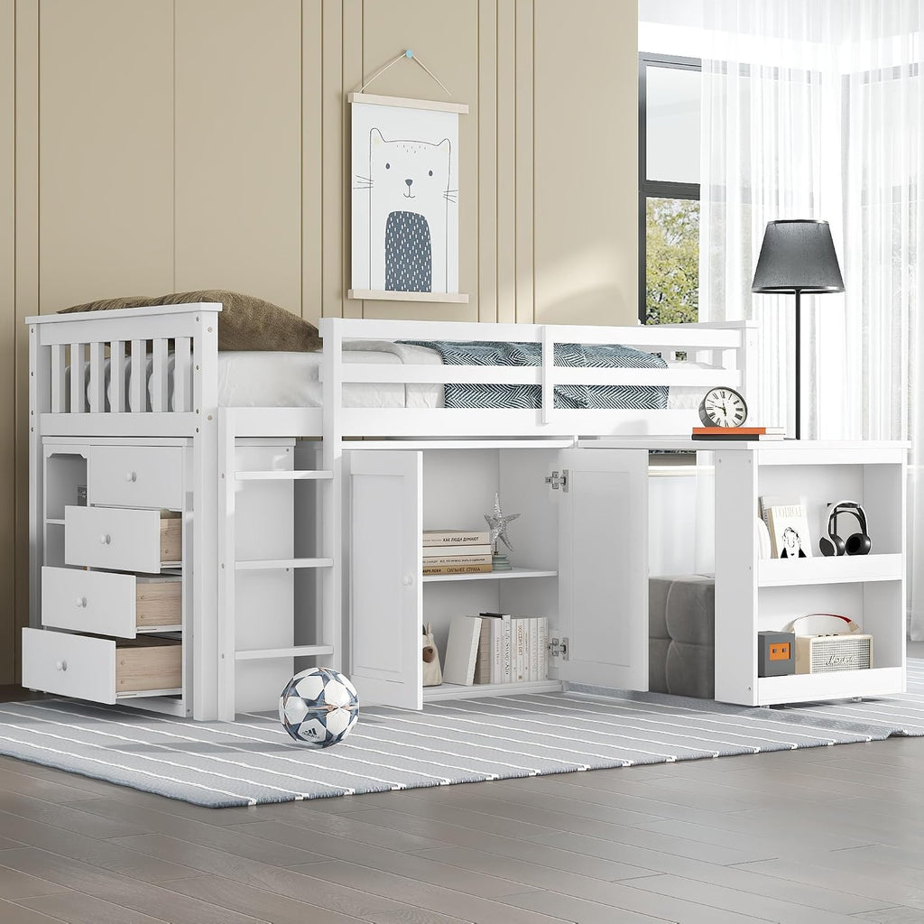 JIVOIT Twin Size Low Loft Bed, Multifunctional Loft Bed with Pulling-Out Desk, Storage Cabinet, Drawer and Shelf Cabinet, Rubber Wood Loft Bed with Safety Guardrail, Ladder, Easy Assembly (White/262)