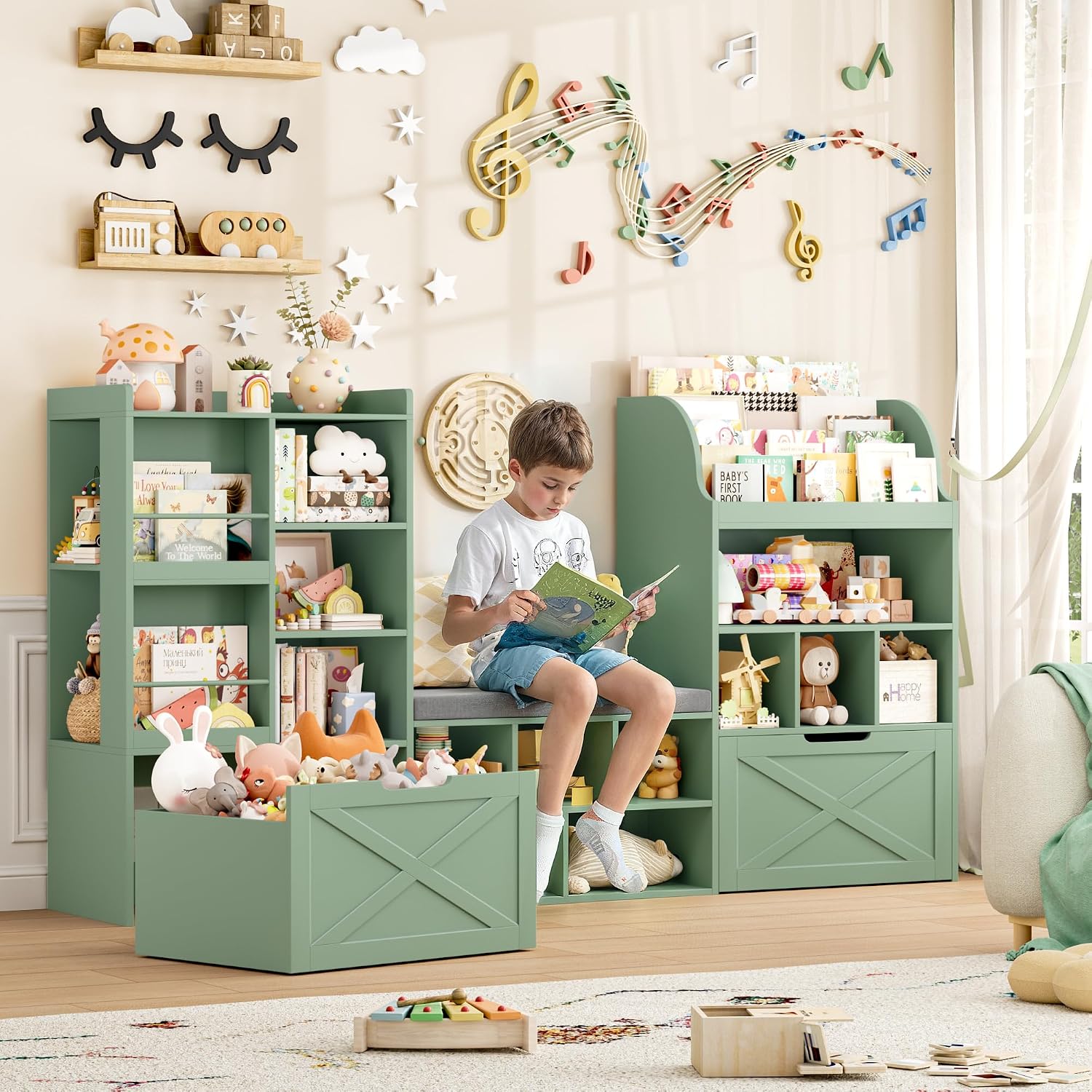 FINETONES 75' W Kids Bookshelf with Reading Nook, Large Toy Storage Toy Organizer with Seat Cushion and 2 Movable Drawers, Kids Reading Nook Kid Bench for Playroom Living Room, Green