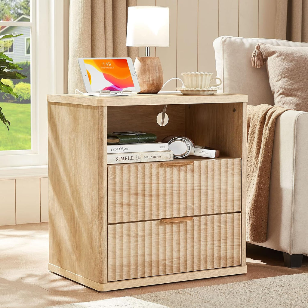 LEYAOYAO Fluted Nightstand with Charging Station, 23' Wide 2 Drawers End Table, Natural Night Stand with Open Storage Cabinet, Farmhouse Bed Side Tables, Wood Dresser for Bedroom, Living Room, Closet