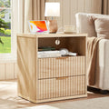 LEYAOYAO Fluted Nightstand with Charging Station, 23' Wide 2 Drawers End Table, Natural Night Stand with Open Storage Cabinet, Farmhouse Bed Side Tables, Wood Dresser for Bedroom, Living Room, Closet