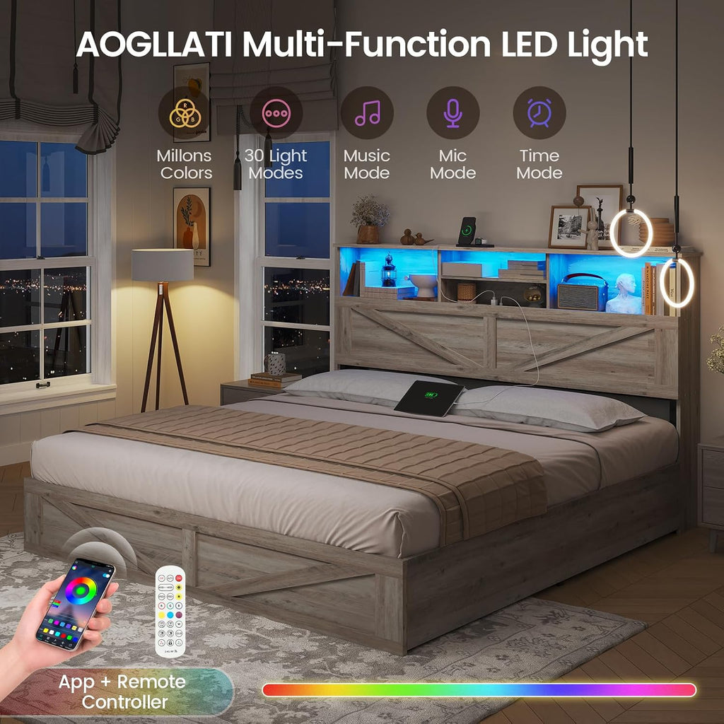 AOGLLATI Farmhouse Full Size Bed Frame with 4 Storage Drawers and Charging Station, Wooden Full Bed Frame with Hidden Space Bookcase Headboard and Led Lights & Metal Slats, Gray