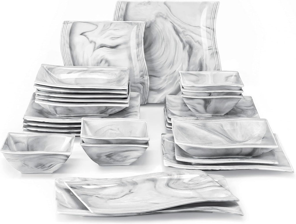 MALACASA 26-Piece Marble Grey Square Dinnerware Sets, Flora Porcelain Dinner Set for 6, Service for 6, Microwave & Dishwasher Safe, BPA, Lead & Cadmium Free