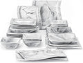 MALACASA 26-Piece Marble Grey Square Dinnerware Sets, Flora Porcelain Dinner Set for 6, Service for 6, Microwave & Dishwasher Safe, BPA, Lead & Cadmium Free