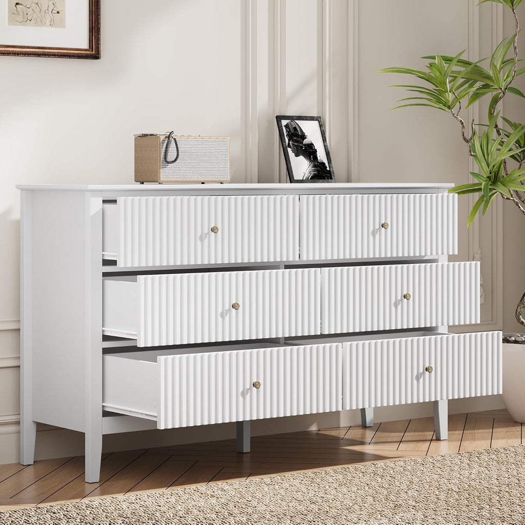 RoyalCraft White 6 Drawer Dresser for Bedroom, Fluted Painted Wood Chest of Drawers, Modern TV Stand Storage Cabinet for Living Room, Entryway, 47' W x 16' D x 32' H
