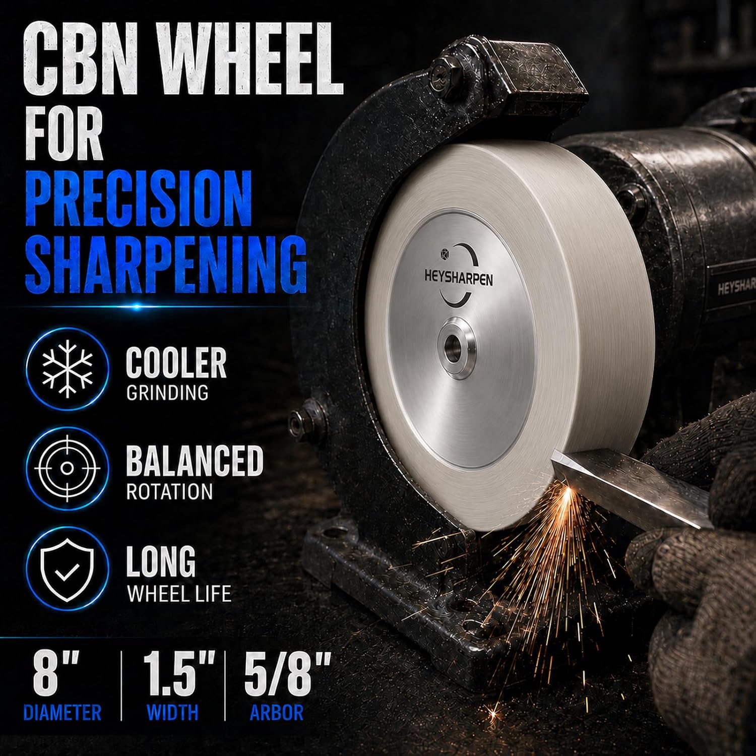 Mega Square CBN Grinding Wheel 8 Inch 1000 Grit, 1.5' Wide Electroplated CBN Bench Grinder Wheel, 5/8' Arbor, 1' Side Face, for Woodturning Tools, HSS Lathe Tools, Chisels, Knives and Sharpening