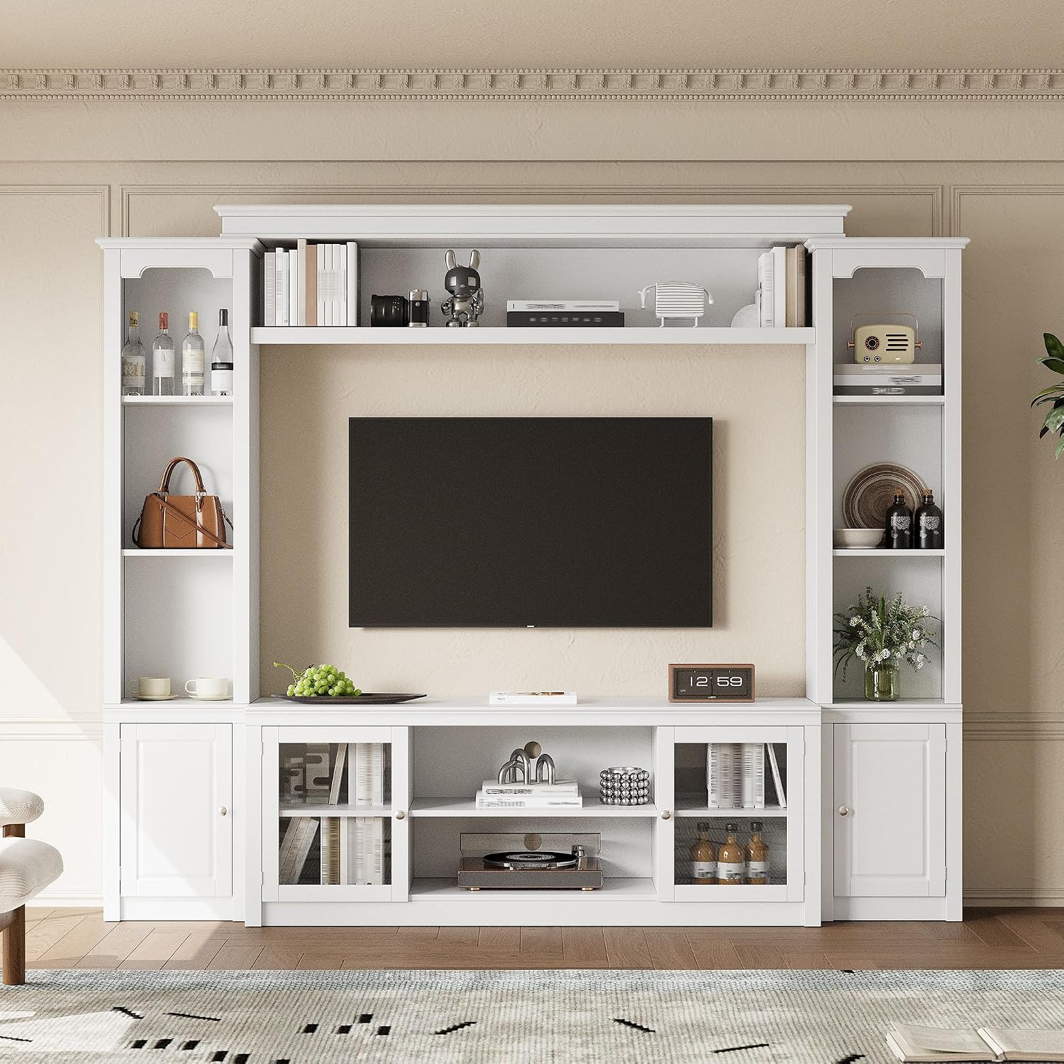 4-Piece Entertainment Center Wall Unit for TVs up to 65', Modern TV Stand with Bookshelves, Glass Doors & 4 Adjustable Shelves, Large Media Console Table with Display Cabinet for Living Room, White