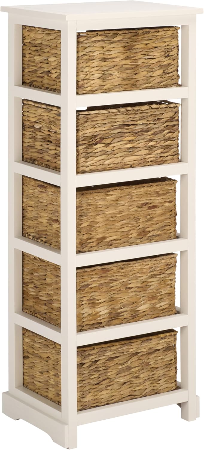 SAFAVIEH Furniture - Vedette 5-Basket Storage Tower - Vintage White - Solid Wood - Coastal Basket Tower Design - Ideal for Entryway, Living Room, 17.5'W x 13.5'D x 46'H - Fully Assembled (AMH5739B)