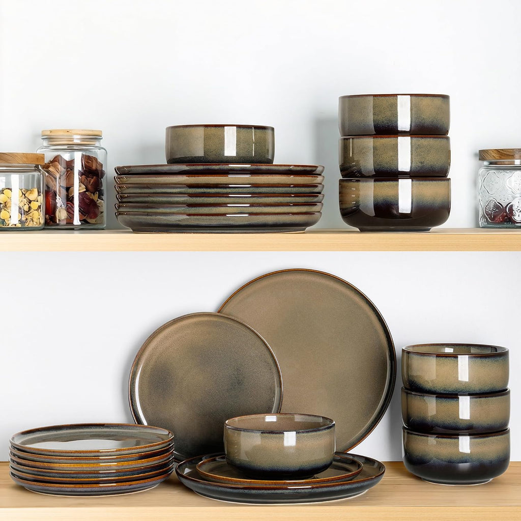 TheTerra Ceramic Dinnerware Sets for 8, 24 Pieces Handmade Reactive Glaze Plates and Bowls Set, Scratch Resistant Dish Set, Oven & Microwave & Dishwasher Safe, Coca Mocha