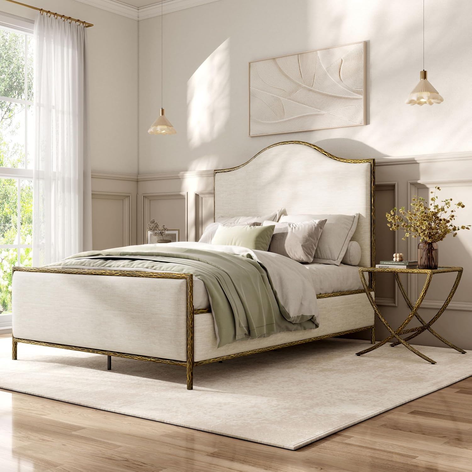 24/7 Shop at Home Lalia Hammered Metal 3-Piece Bedroom Collection, Upholstered Bed Frame with Camelback Headboard, Forged Steel and Curved Nightstands, Foundation Required, Queen, Matte Gold