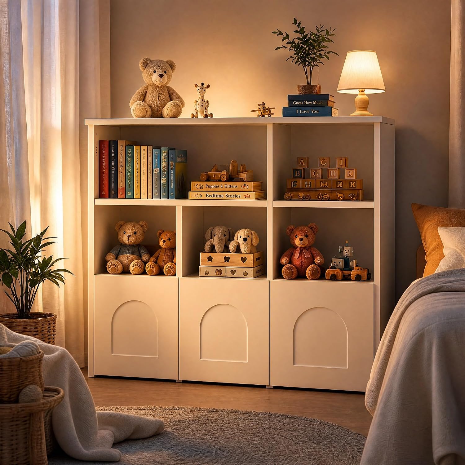 knoworld Kids Bookshelf with Toy Storage, Hidden Bookshelf Organizer with 3 Hidden Roller Drawer and 5 Open Cubbies for Kid Room,Living Room,White