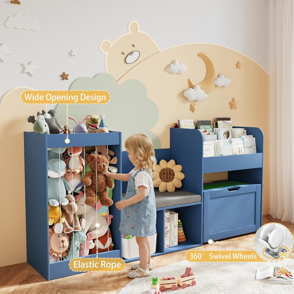 68.9'W Reading Nook, Kids Bookshelf, Toy Storage Organizer, Removable Building Baseplate Lid for Lego, Rolling Drawers, Stuffed Animal Storage, Bench and Removable Cushions for Playroom(Blue)