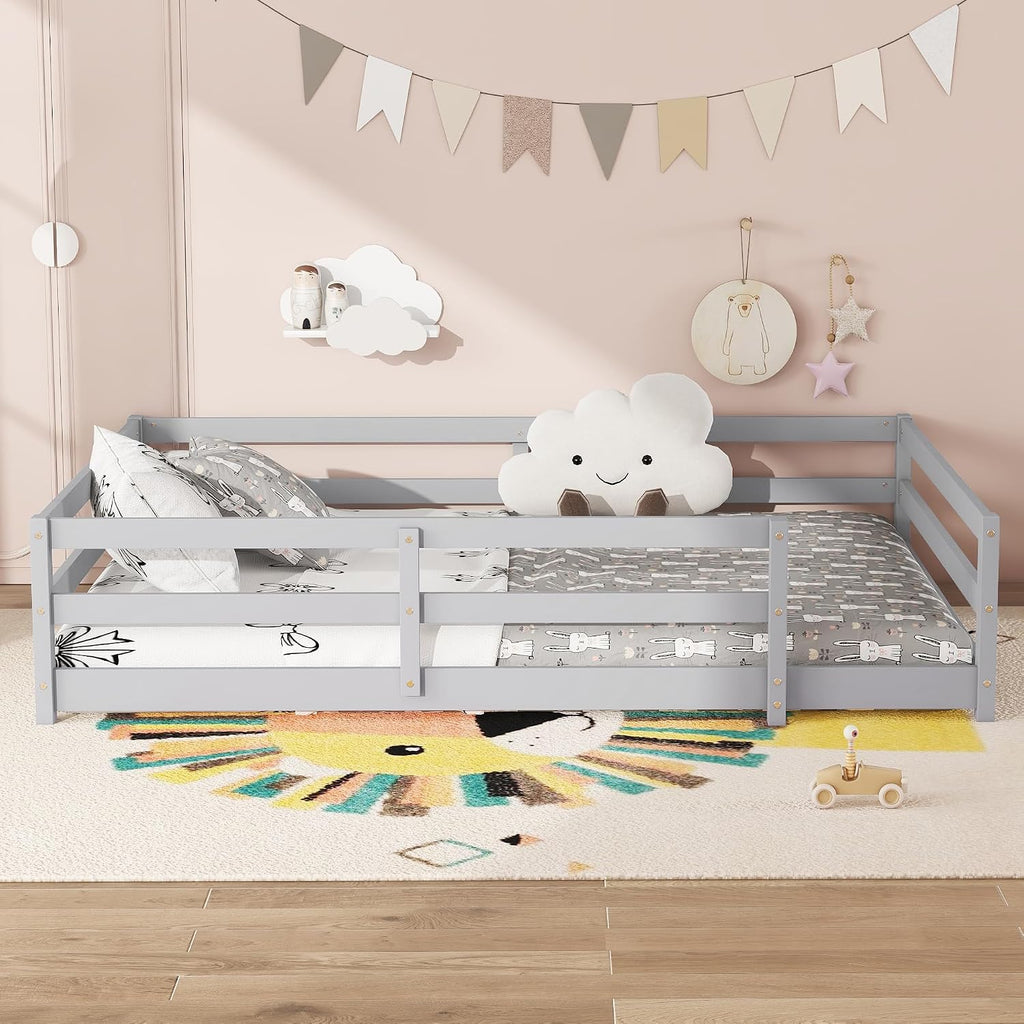 Modern Classic Full Size Bed Frame with Fence, Sturdy Wood Montessori Floor Bed for s, Boys, Girls, Dorm, Bedroom, House, Easy to Assemble, Noise-Free Design, No Box Spring Needed,Grey-Ful