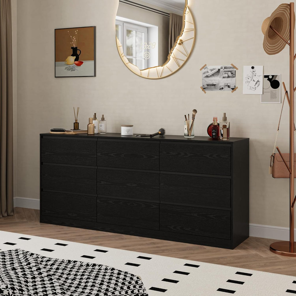 Bobve 70.9' Dresser for Bedroom with 9 Drawers, Large Modern Chest of Drawers with Deep Drawers, Wide Double Dresser Handle Free, Storage Organizer for Bedroom, Living Room, Hallway (Black)