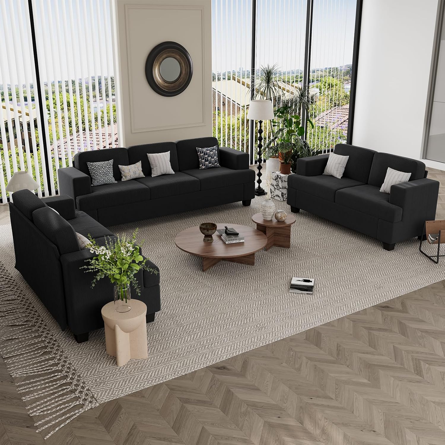 Fiona's magic 3 Seater Corduroy Couch for Living Room, 89' Black Cloud Sofa, Deep Seat Floor Couch for Bedroom, Futon Modern Sofa Sectional Bed, Black Corduroy