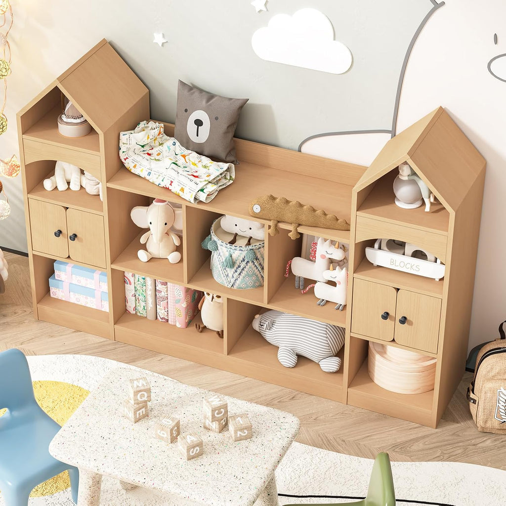 Halitaa Castle Shape Children's Bookshelf, Kids Bookcase Display Case Kids Toy Storage Organizer Multifunctional Storage Cabinet Bookshelf Suitable for Playroom, Children's Room, Living Room, Oak