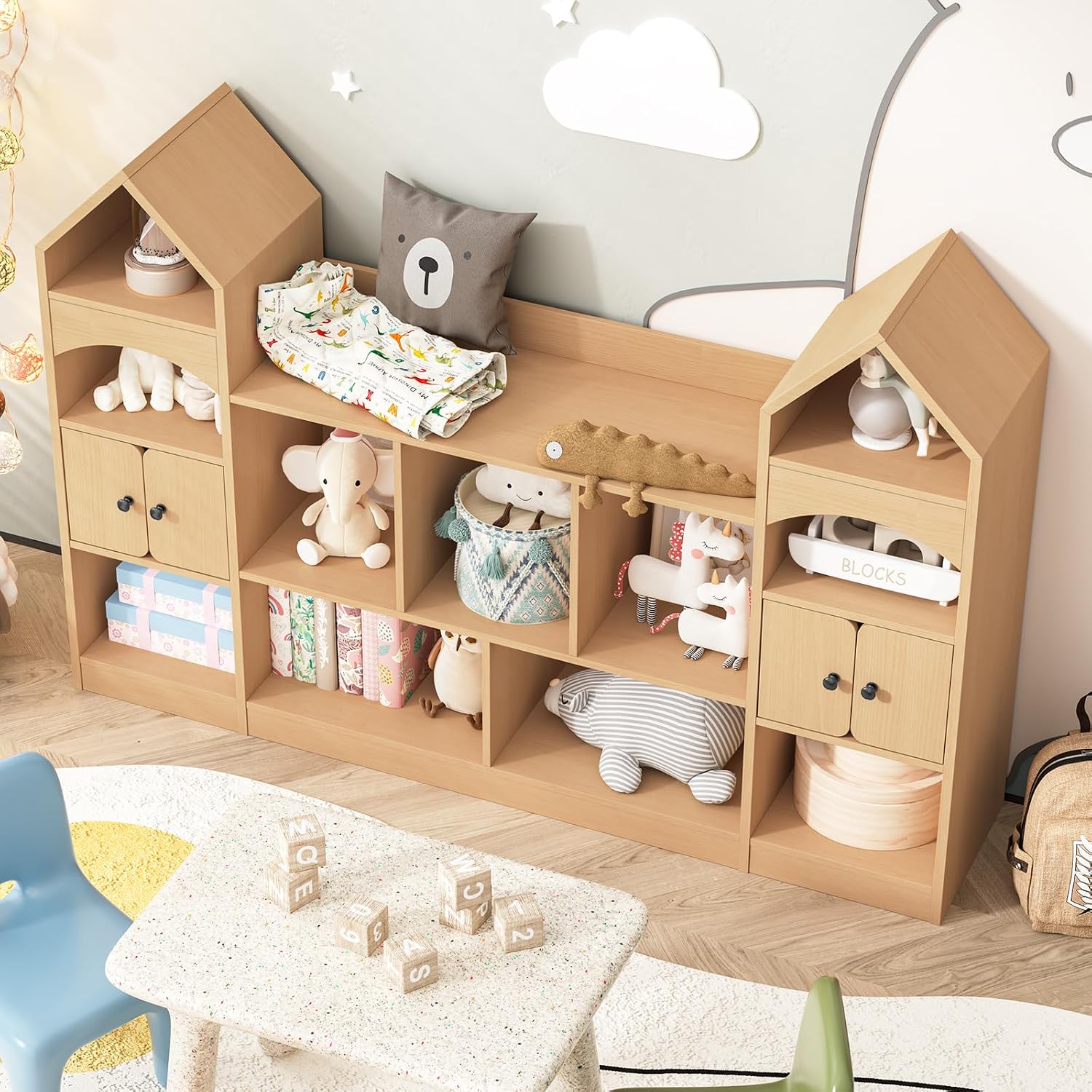 Halitaa Castle Shape Children's Bookshelf, Kids Bookcase Display Case Kids Toy Storage Organizer Multifunctional Storage Cabinet Bookshelf Suitable for Playroom, Children's Room, Living Room, Oak