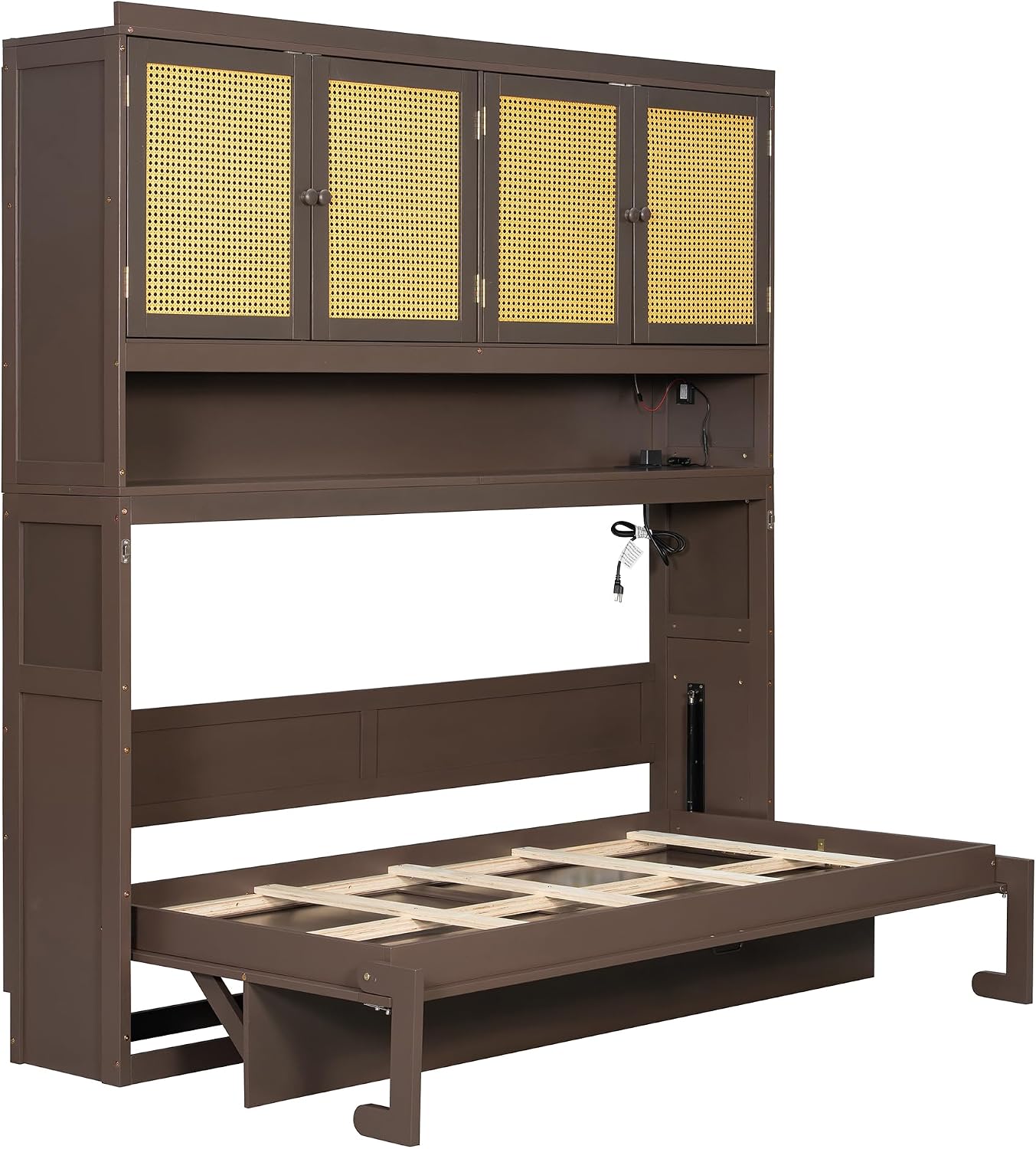Harper & Bright Designs Twin Size Horizontal Murphy Bed with Top Storage Cabinet, Space Saving Wood Foldable Murphy Wall Bed Frame with Light & USB for Teens Adults, Espresso