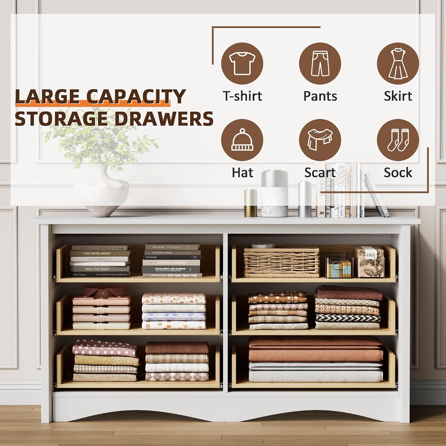 Flamaker Dresser for Bedroom, 6 Drawer Dresser, 47.2'' Wood Dressers, Wide Chest of Drawer, Storage Drawers, Storage Organizer for Closet, Hallway (White)