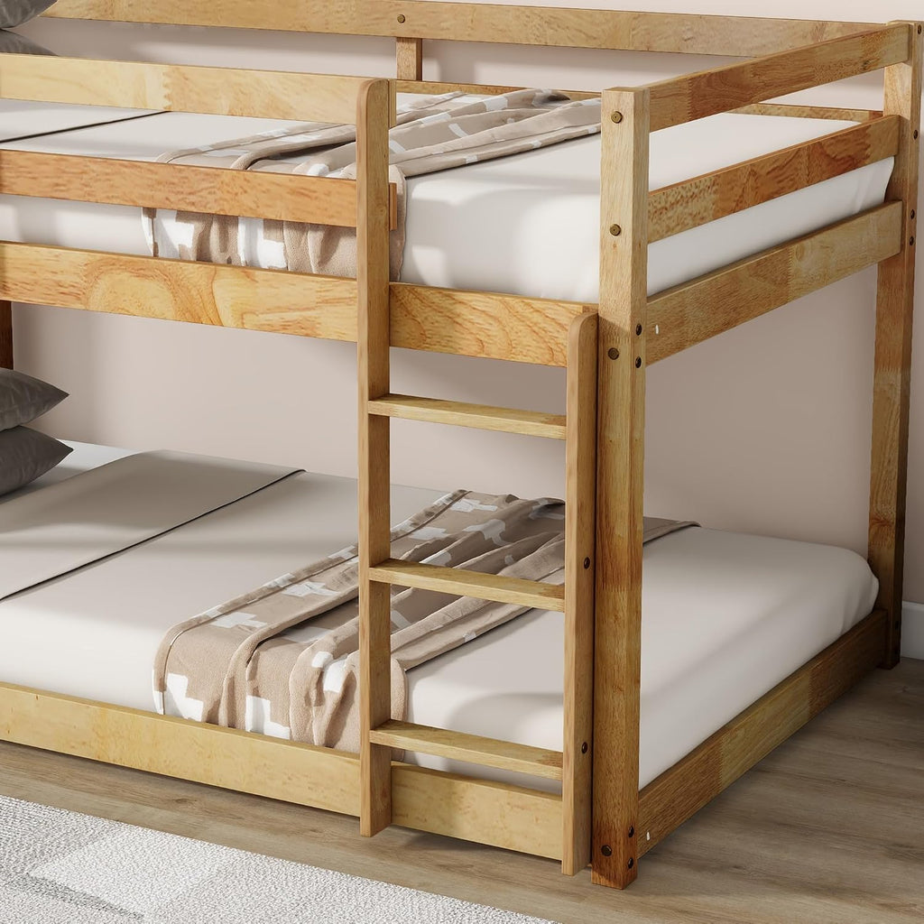 Ball & Cast Twin Over Twin Bunk Bed,Solid Rubber Wooden Low Floor Platform Bed with Ladder and Full Length Guardrail,Slat Support,Bedroom Furniture for Girls Boys,Natural