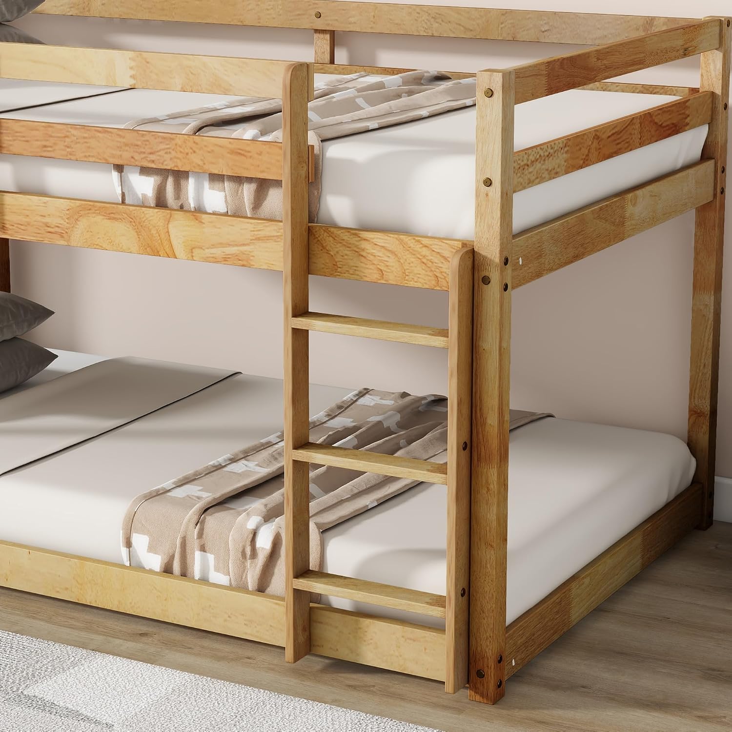 Ball & Cast Twin Over Twin Bunk Bed,Solid Rubber Wooden Low Floor Platform Bed with Ladder and Full Length Guardrail,Slat Support,Bedroom Furniture for Girls Boys,Natural