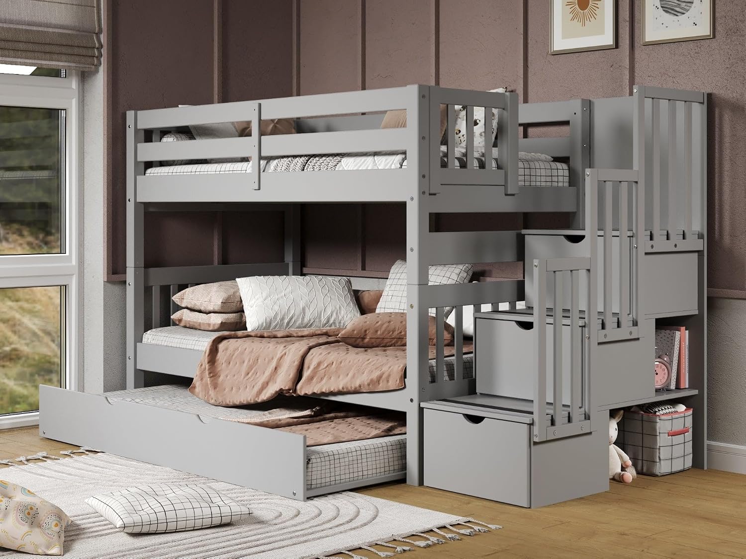 Bedz King Stairway Bunk Beds Twin Over Twin, 3 Step Drawers and a Twin Trundle, Gray