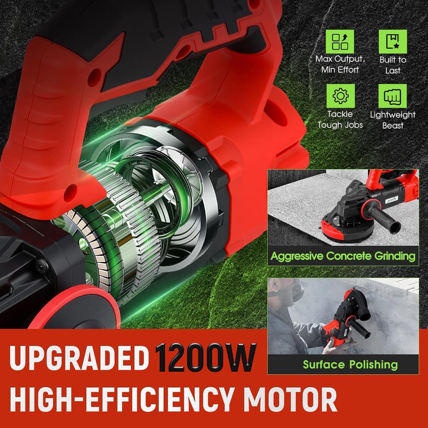 Concrete Grinder, 115mm Concrete Surface Planer, Handheld Floor Polisher, with Dust Extraction Shroud, 1200W 9000RPM Angle Grinder Kit with Dust Shroud, Auxiliary Handle, Carrying Box