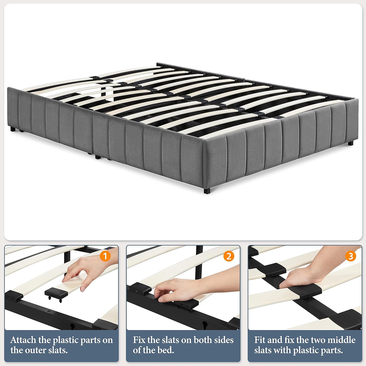 Yaheetech Full Upholstered Platform Bed with Underbed 4 Storage Drawers, No Fixed Headboard, Mattress Foundation with Wood Slat Support, Large Storage Space, No Box Spring Needed, Dark Grey Full