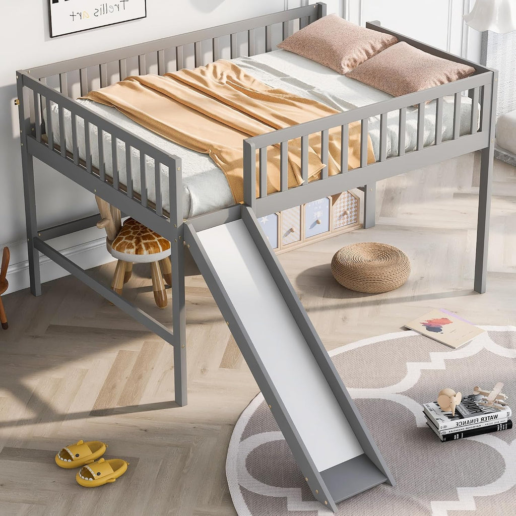 JIVOIT Full Size Wood Loft Bed with Slide, Low Loft Bed with Built-in Ladder and Safety Rails, Space Saving Kids Loft Bed with Underneath Spacious Space, for Kids Boys Girls (Gray,Full 1)