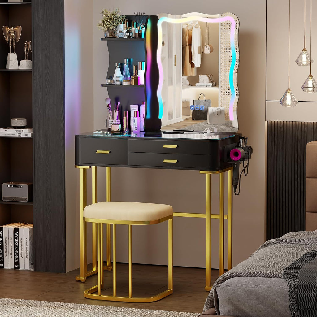 Glass Top Makeup Vanity Desk with LED Mirror & RGB Lights, Modern Vanity Table with 3 Drawers, Charging Station, Hair Dryer Holder, Dimmable Colorful Light Vanity Set for Bedroom,Black