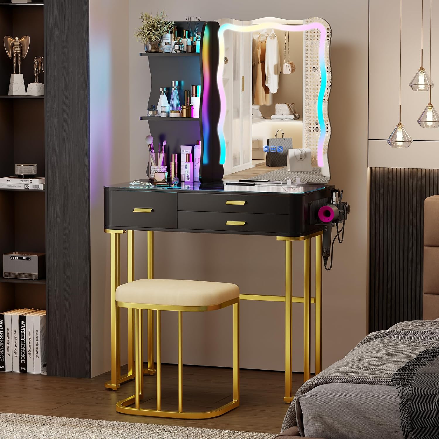 Glass Top Makeup Vanity Desk with LED Mirror & RGB Lights, Modern Vanity Table with 3 Drawers, Charging Station, Hair Dryer Holder, Dimmable Colorful Light Vanity Set for Bedroom,Black