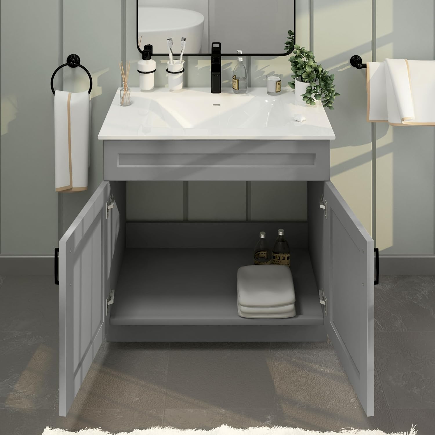 36' Light Grey Shaker Bathroom Vanity Base – Ready-to-Assemble Sink Cabinet, Freestanding Bathroom Vanity Base Only, No Top or Sink