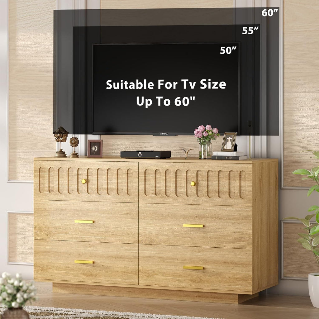 IBF Modern Fluted 6 Drawer Dresser for Bedroom, Fluted 55 Inch Chest of Drawers for Kid Adult Closet, Large Wood Clothes Storage Dresser with Anti-Tipping Device for Living Room Hallway, Oak